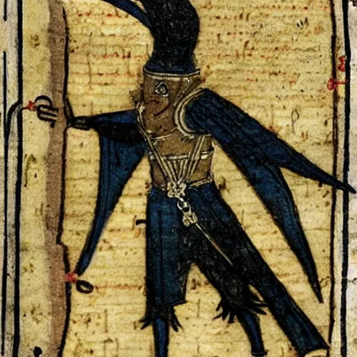 Image similar to bad drawed mix between a crow and a mage king in a medieval manuscript, medieval manuscript, golden miniatures