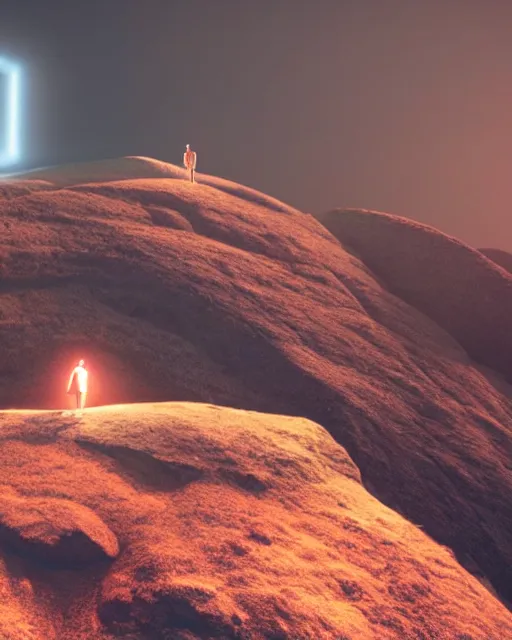 Image similar to a man standing in the middle of a mountain looking at a glowy shape, a render by filip hodas, behance contest winner, environmental art, rendered in cinema 4 d, volumetric lighting