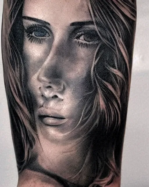 Image similar to tattoo design sketch of a beautiful woman face faded in a background of beautiful mountains and nature on her side, hyper - realistic, in the style of den yakovlev, amazing detail, black and white