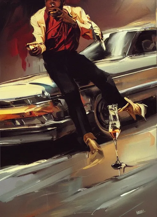 Image similar to mr. moseby drinking whiskey bottle, driving car, reckless, painting by phil hale, fransico goya,'action lines '!!!, graphic style, visible brushstrokes, motion blur, blurry, visible paint texture, crisp hd image