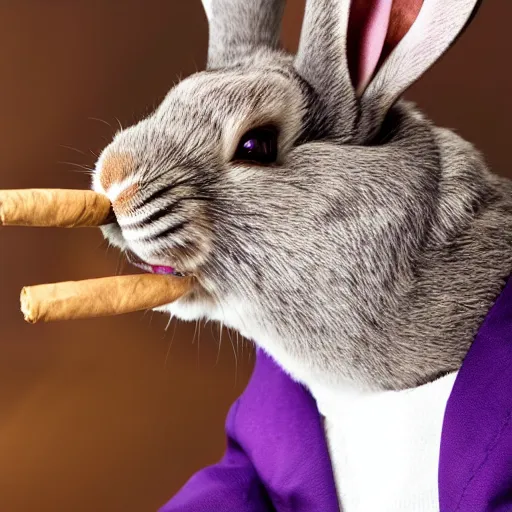 Prompt: a violet rabbit smoking a cigar, stock photo