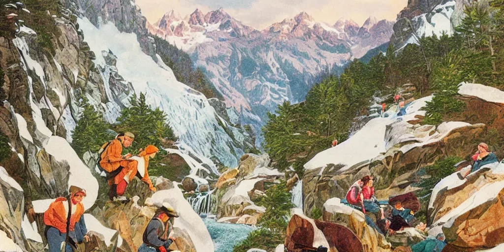 Image similar to beautiful idyllic poster illustration for a craggy ice valley national park by ludwig hohlwein, ludwig hohlwein, with close - up of grandma photorealistic eating crayons photoshopped into it