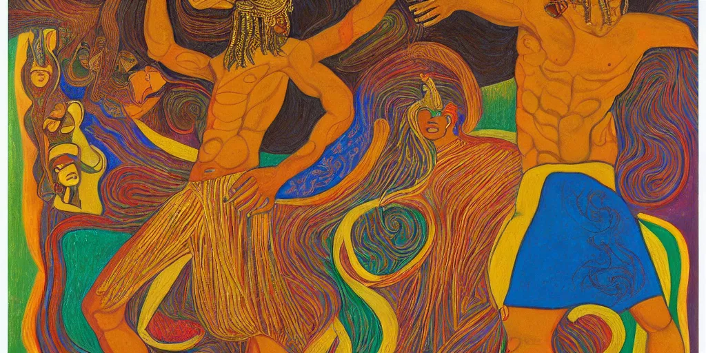 Prompt: an abstract spiritual background, portrait of a virile latino greek god dancing. 2 4 mm, photorealistic, muted color scheme, directed by mati klarwein and picasso