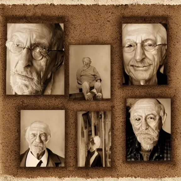 Prompt: portrait of an old man, sepia photography, gestalt scrapbooking montage