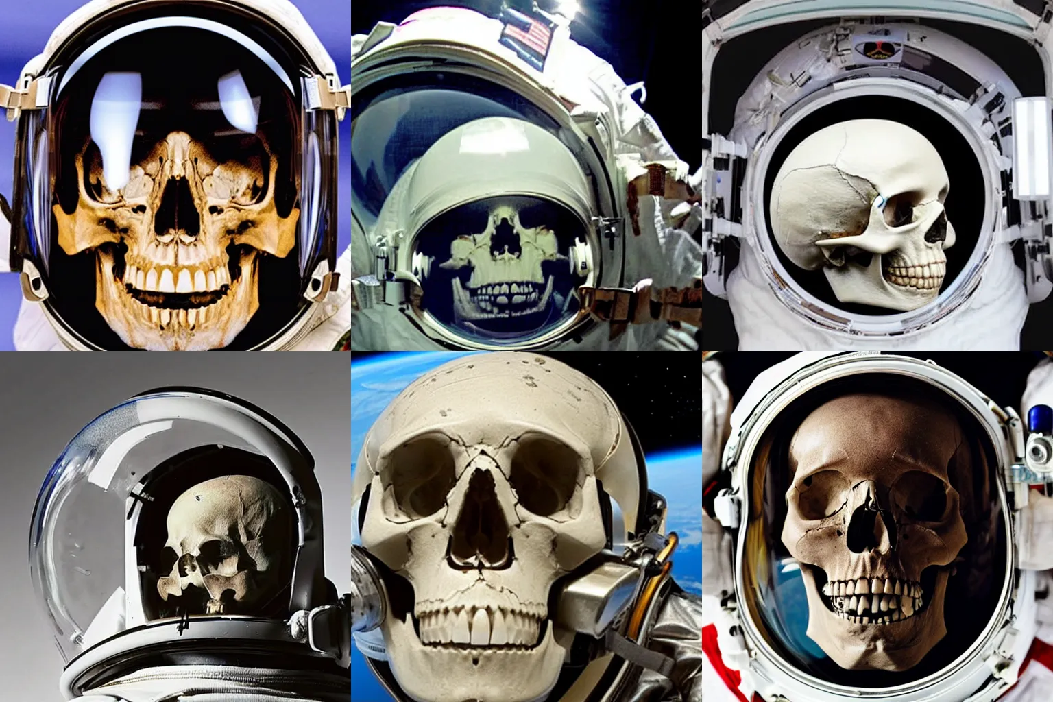 Prompt: a human skull inside an astronaut helmet with glass broken