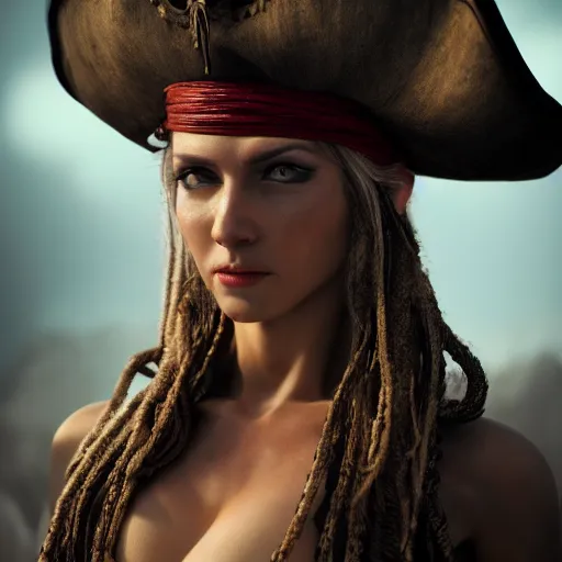 Image similar to full body pose, hyperrealistic photograph of a beautiful pirate woman, dim volumetric lighting, 8 k, octane beautifully detailed render, extremely hyper detailed, intricate, epic composition, cinematic lighting, masterpiece, trending on artstation, very very detailed, stunning, hdr, smooth, sharp focus, high resolution, award, winning photo, dslr, 5 0 mm