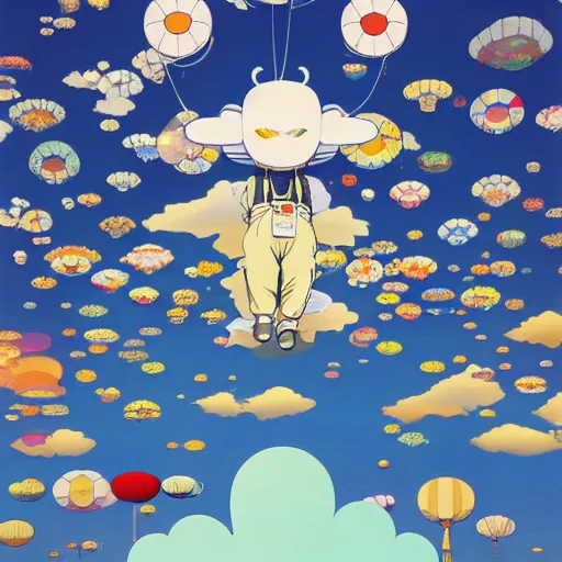 Image similar to a man walking on clouds away from the camera above kyoto by takashi murakami, beeple and james jean, aya takano color style, 4 k, super detailed, modern, 4 k, symmetrical