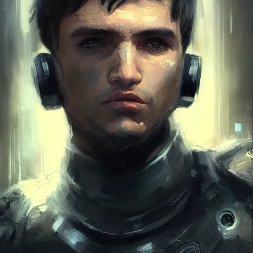 Image similar to Portrait of a man by Greg Rutkowski, he is about 20 years old, mixture turkish and russian, short dark blonde hair with bangs, attractive, angry but resigned look, he is wearing a futuristic tactical gear, highly detailed portrait, scifi, digital painting, artstation, concept art, smooth, sharp foccus ilustration, Artstation HQ.