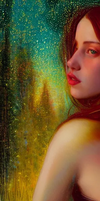 Image similar to an amazed young woman surrounded by golden firefly lights in a mesmerizing scene, sitting amidst nature fully covered, long loose red hair, precise linework, accurate green eyes, small nose with freckles, smooth oval shape face, empathic, bright smile, expressive emotions, hyper realistic portrait by artemisia gentileschi, jessica rossier, boris vallejo