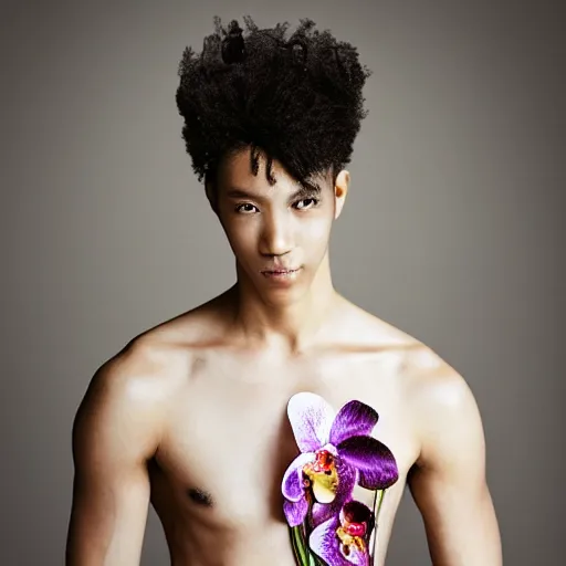 Image similar to a portrait of a beautiful young male wearing an alexander mcqueen croptop made of orchids , photographed by andrew thomas huang, artistic