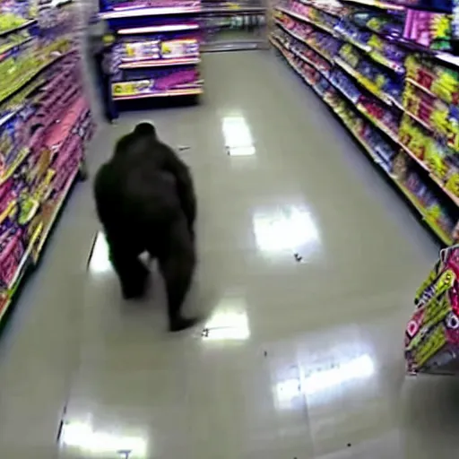 Image similar to cctv footage of gorilla in walmart, high angle security camera feed,