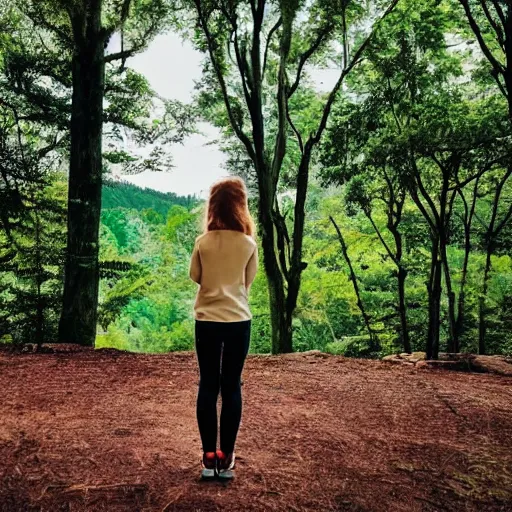 Prompt: a girl looking out over a lush green forest