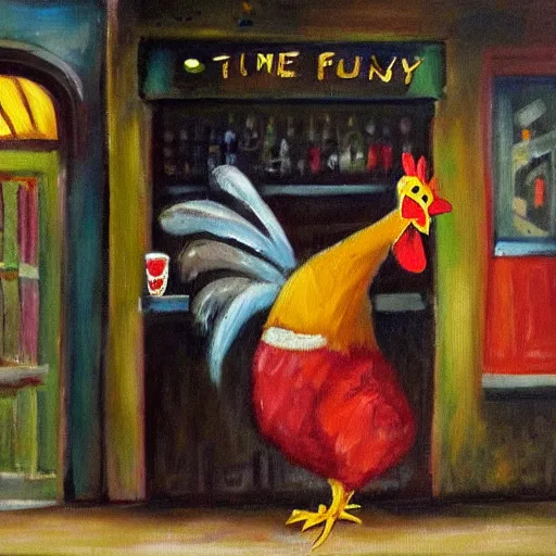 Image similar to the funky chicken gets thrown out of a bar. oil painting in the style of vermeers