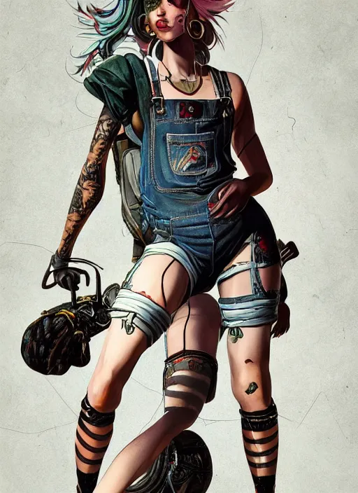 Image similar to digital _ painting _ of _ female, painted taktop, overalls, combat boots, short shorts, fishnets _ by _ filipe _ pagliuso _ and _ justin _ gerard _ symmetric _ fantasy _ highly _ detailed _ realistic _ intricate _ port