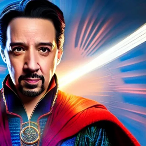 Image similar to A movie still of Lin-Manuel MIranda as Dr Strange, dynamic lighting, smiling, 8k, Heroic Pose, 2022 picture of the year