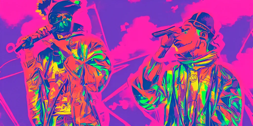 Image similar to rapper performing on stage, seen from waist up, to the side, digital art, vapor wave, hip hop, psychedelic, trending on Artstation, professional artist, detailed, 4k