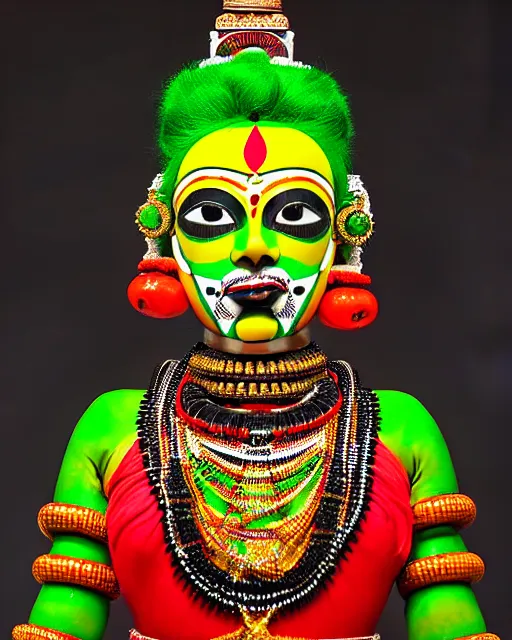 Image similar to symmetrical portrait of a kathakali dancer cyborg wearing a silicone swarovski studded red beauty mask and green hair buns, wearing a black bodysuit armour by alexander mcqueen, cream white background, soft diffused light, biotechnology, humanoid robot, bjork aesthetic, translucent, by rineke dijkstra, intricate details, highly detailed, masterpiece,