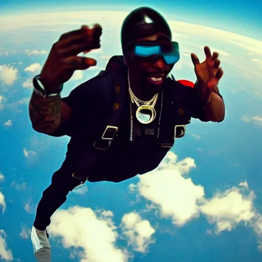 Prompt: photo of tupac shakur skydiving gopro camera