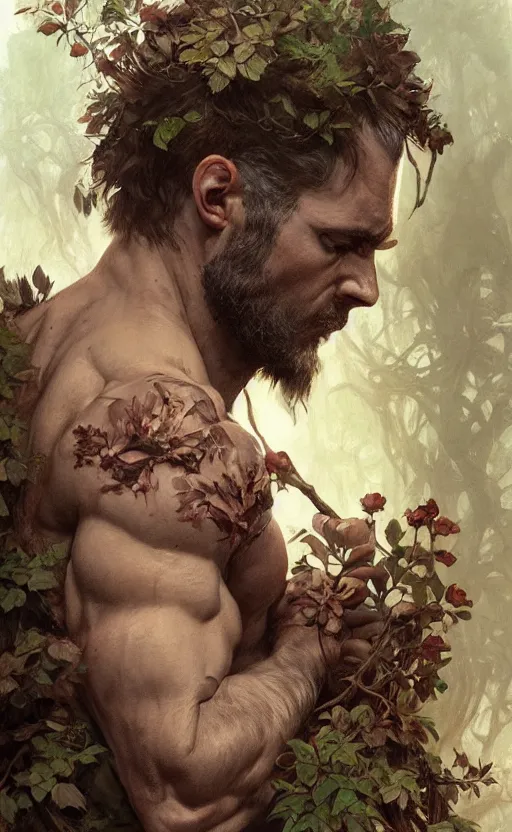 Image similar to god of the forest, 3 0 years old, rugged, handsome, male, detailed face, clean lines, atmospheric lighting, amazing, full body, flowers, muscular, intricate, highly detailed, digital painting, artstation, concept art, sharp focus, illustration, art by greg rutkowski and alphonse mucha