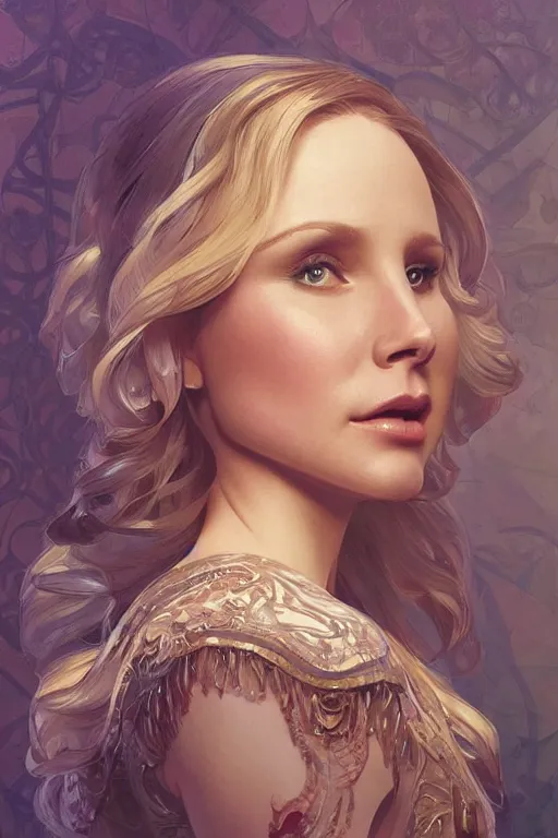 Image similar to chubby kristen bell, intricate, elegant, highly detailed, digital painting, artstation, concept art, smooth, sharp, focus, illustration, art by artgerm and greg rutkowski and alphonse mucha