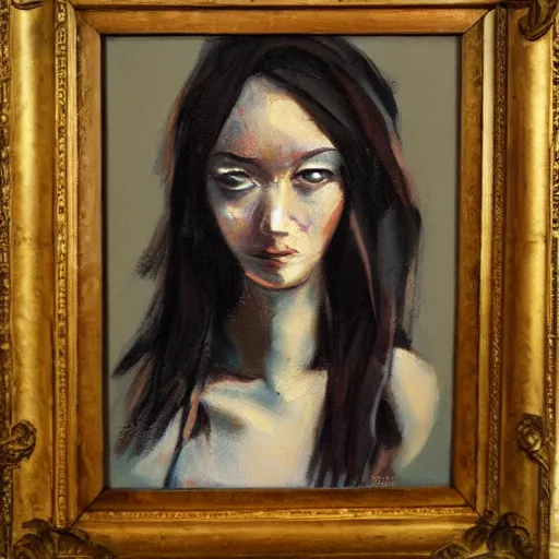 Image similar to shot from a distance, oil painting, impasto, rococo, manga, tonal, young lady, thin, dark hair