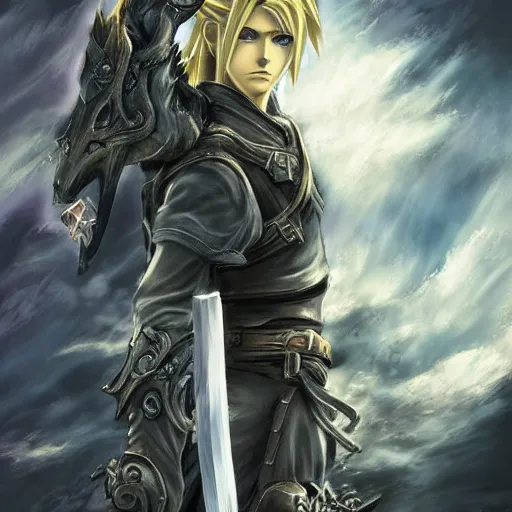 Image similar to cloud strife in the art style of breath of the wild and luis royo, grimdark dramatic lighting, digital art, intricate, highly detailed, matte painting, fine art