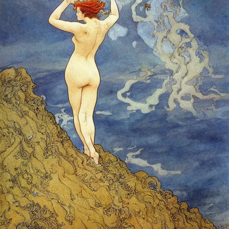 Prompt: A woman standing on a cliff, looking out at a storm Anton Pieck,Jean Delville, Amano,Yves Tanguy, Alphonse Mucha, Ernst Haeckel, Edward Robert Hughes,Stanisław Szukalski and Roger Dean