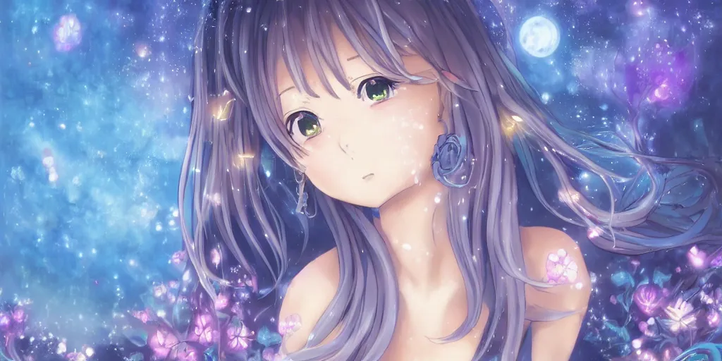 Prompt: anime key visual of a pretty girl with blue flowing hair, wearing a short skirt and a crop top, meditating in a magical fantasy garden at night, moonlight, fireflies glowing, lofi feel, magical, highly detailed, digital art, artstation, smooth, hard focus, illustration, art by artgerm - in the style of final fantasy and studio ghibli