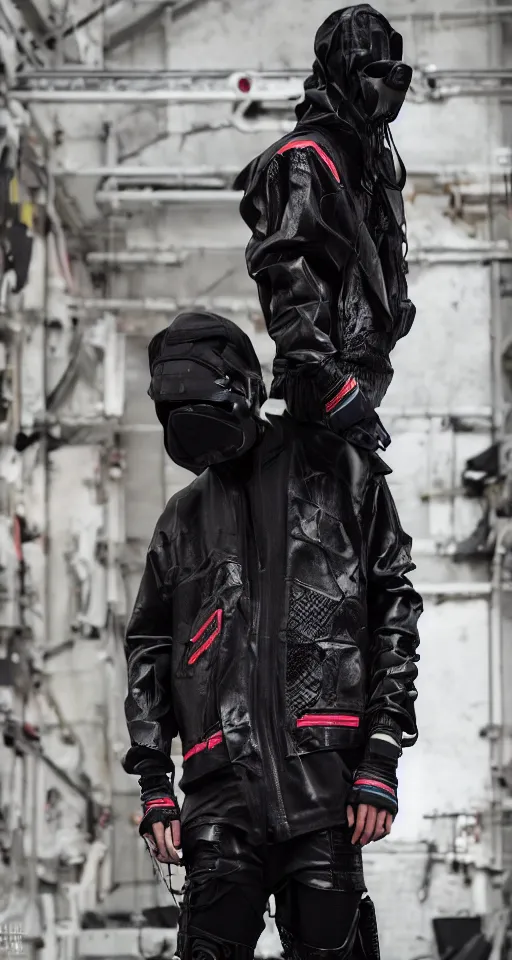 Image similar to cyberpunk techwear streetwear look and clothes, we can see them from feet to head, highly detailed and intricate, beautiful bright colors, hypermaximalist, futuristic, cyberpunk setting, luxury, elite, cinematic, techwear fashion, Errolson Hugh, Sacai, Nike ACG, Yohji Yamamoto, Y3, ACRNYM, outfit photo