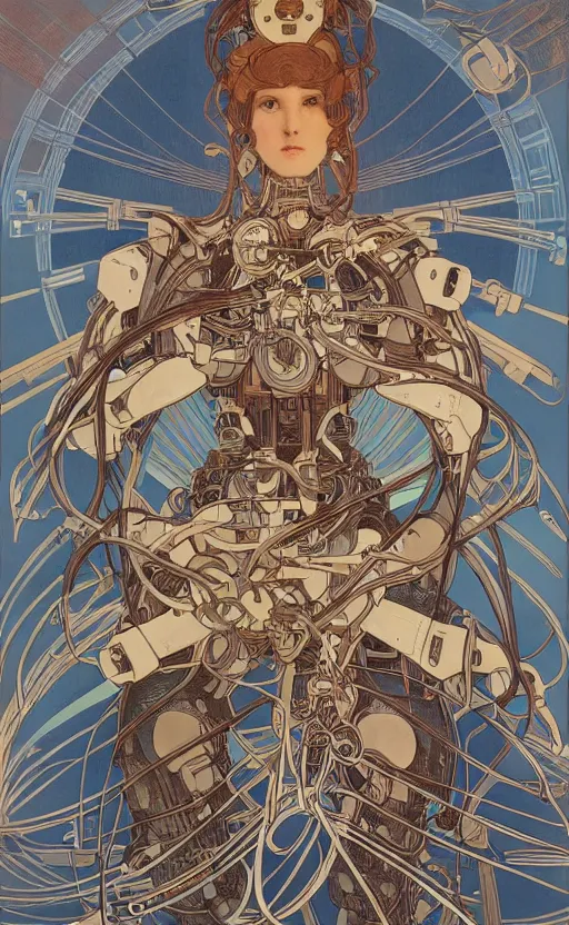 Image similar to upper half portrait of army mecha robot - wires and vines as poster design borders, art by alphonse mucha & utagawa kunisada, highly detailed, digital painting, concept art, illustration, smooth sharp focus, intricate, symmetry, artstation, colourful,