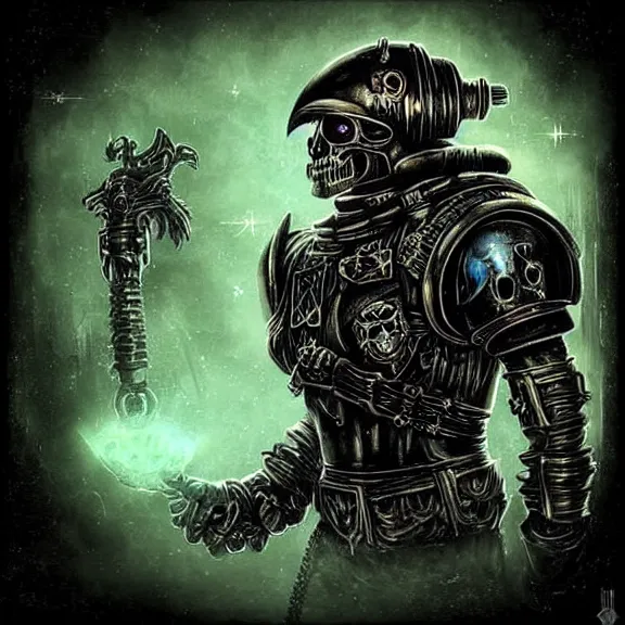 Image similar to fantasycore glitchcore art portrait of an ((((((alive)))))) undead pirate space marine with a deformed skull, an interstellar most wanted criminal radiating a dark unholy aura, a divine cosmic punisher, ornate black futuristic gothic armor, high-tech antivacuum helmet with an broken iridium nanocomputer visor. 8k, by Tristan eaton, Stanley Artgermm, Tom Bagshaw, Greg Rutkowski, Carne Griffiths, Ayami Kojima, Beksinski, Giger, trending on DeviantArt, face enhance, hyper detailed, minimalist, cybernetic, android, blade runner, full of colour, intricate abstract. intricate artwork. celestial. immaculate, octane render, CGSociety, golden ratio fractal and symmetrical artwork. cinematic, hyper realism, high detail, octane render, iridescent accents