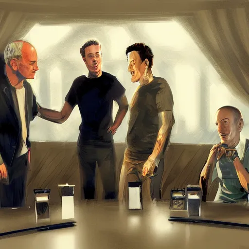 Image similar to comic scene of elon musk, mark zuckerberg, jeff bezos, in meeting together, very detailed, art contest winner on behance, trendy on deviant art, by artgem, stanley lau, craig mullins