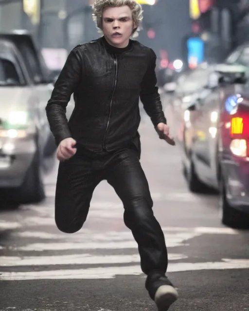 Image similar to photo of evan peters, as quicksilver, racing at hyper speed thru the streets of nyc. ever thing is a blur via long exposure like effect, but he is in sharp focus.