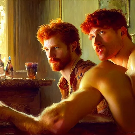 Image similar to attractive male mike with ginger hair with attractive male tyler with brunet hair, drinking their hearts out, in their noble mansion. highly defined painting, highly detailed painting by gaston bussiere, craig mullins, donato giancola 8 k