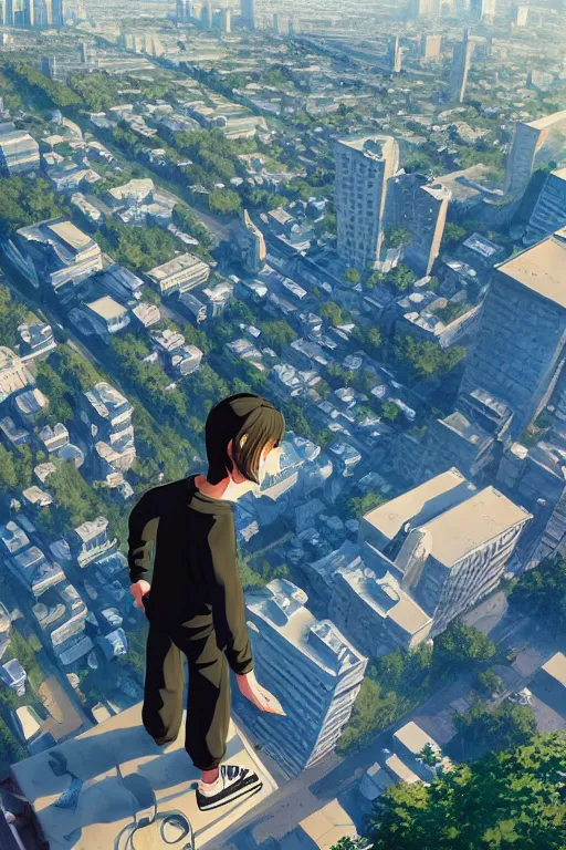 Image similar to Sad gopnik boy in black adidas looking atop of a urban plateau filled with soviet apartment buildings, golden hour, dreamy, beautiful clouds, ultra detailed beautiful lighting, wallpaper, cityscape, beautiful artwork by Makoto Shinkai
