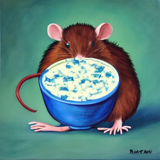 Image similar to rat eating blue cheese painting