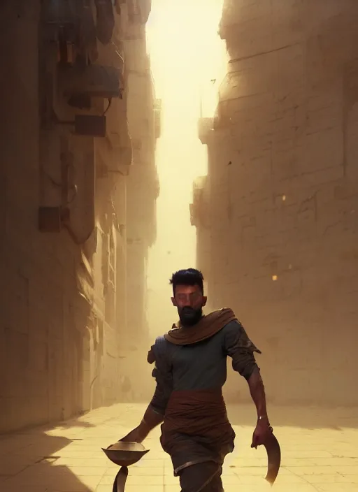 Image similar to highly detailed portrait arab man modern, fighter, yellow charcoal, stephen bliss, 8 k, unreal engine, fantasy art by greg rutkowski, loish, rhads, ferdinand knab, makoto shinkai and lois van baarle, ilya kuvshinov, rossdraws, tom bagshaw, global illumination, radiant light, detailed and intricate environment