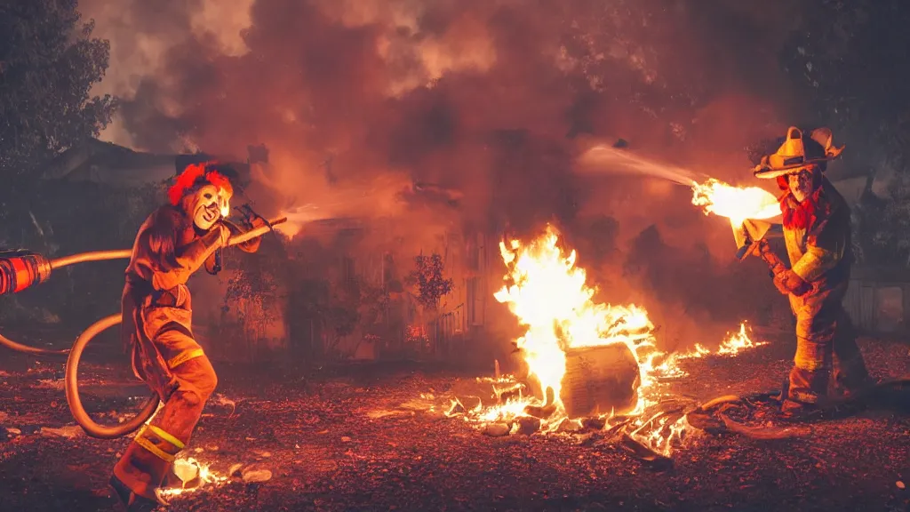 Image similar to photo of a clown using a flamethrower. In the background there is a house fire. award-winning, highly-detailed, 8K