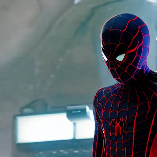 Image similar to Donald Glover as Miles Morales in black Spider-Man suit, mask off, still from Spider-Man No Way Home, detailed, 4k