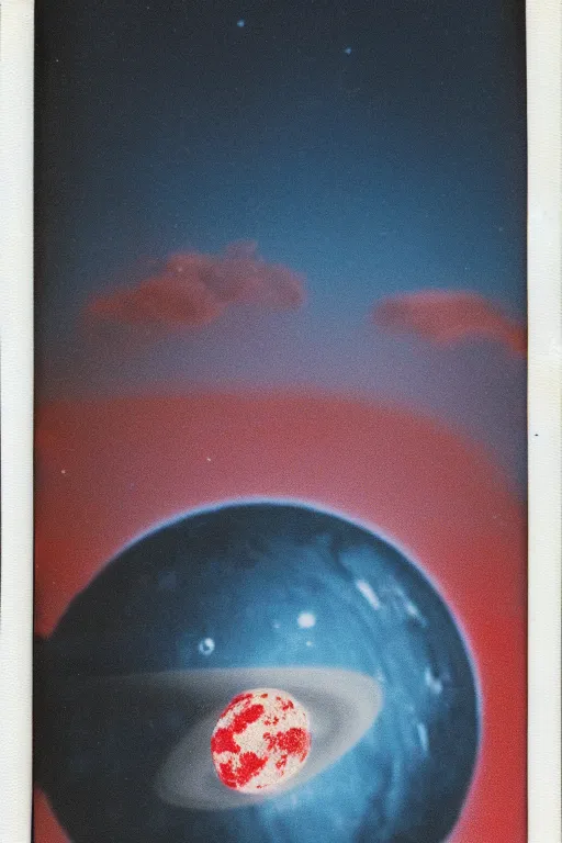 Prompt: aged polaroid analog photo of a planet in space and alien spacecraft, detailed clouds, warm azure tones, red color bleed, film grain