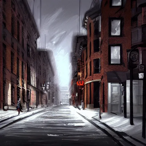 Prompt: streets of Brooklyn, snowy, concept art, photorealistic