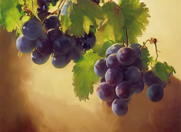 Prompt: oil painting of handmade glass, translucent grapes closeup, glass refraction, art by anders zorn, wonderful masterpiece by greg rutkowski, beautiful cinematic light, american romanticism by greg manchess, backlit vine leaves, light