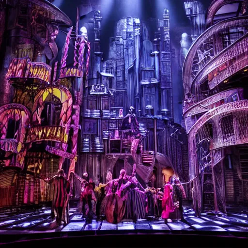 Image similar to photo, a highly - themed dramatic broadway musical set design with huge spectacle, dark and moody futuristic, a dark gothic psychedelic palace