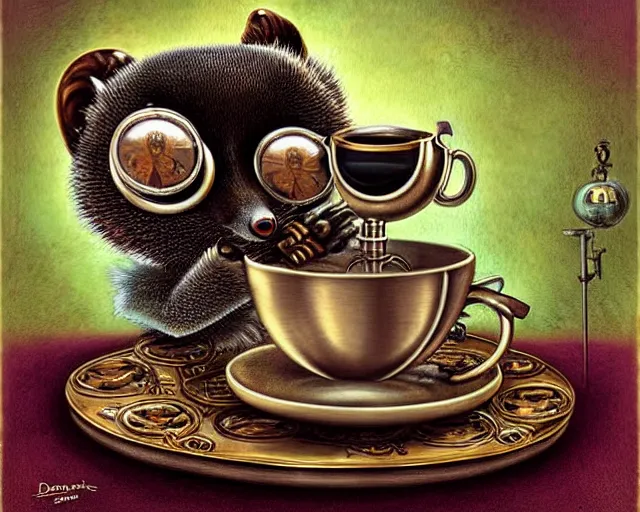 Image similar to an steampunk lemur having a cup of tea, by donato gioncola, mark ryden