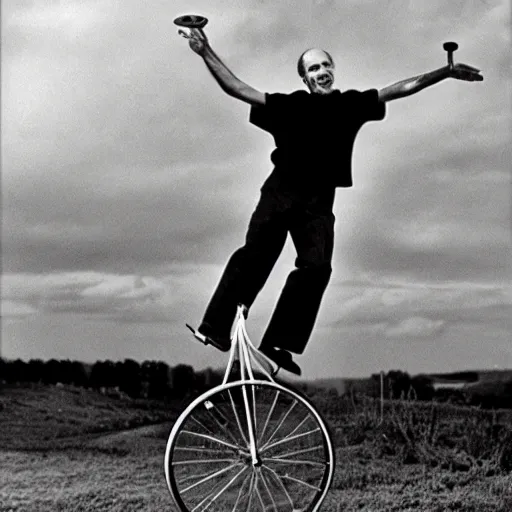 Prompt: Ingmar Bergman riding a unicycle