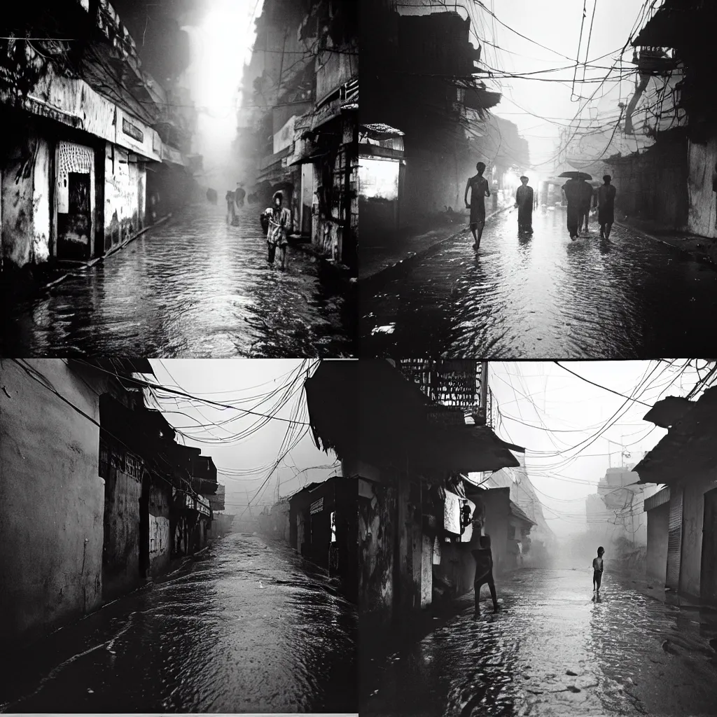 Prompt: Dramatic photograph of a street in Mumbai on a monsoon night in the 24th century, by Sohrab Hura, by Raghu Rai, for Magnum Photos, masterpiece, detailed, dynamic, cinematic composition, beautiful natural lighting, black and white, large format film camera, Ilford FP4, award winning, full-length portrait, no frames,