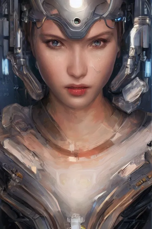 Prompt: Portrait of beautiful smiling Ultra realistic illustration, beautiful alluring female cyborg, cyberpunk, sci-fi, fantasy, intricate, elegant, highly detailed, digital painting, artstation, concept art, smooth, sharp focus, illustration, art by Yintion J , Jiang Geping and artgerm.