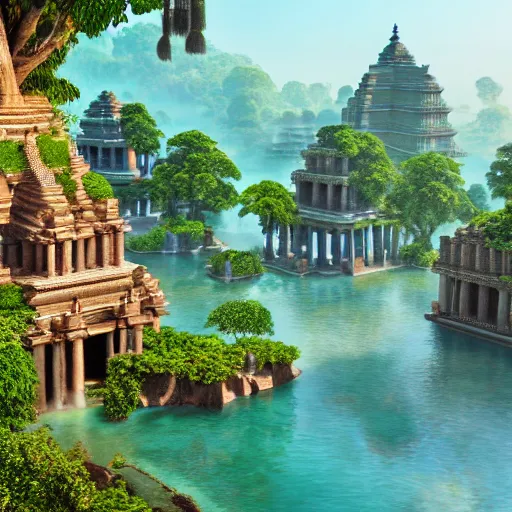 Prompt: 4 k unreal engine render of an ancient never seen before indian high detail temple islands. complex architecture with intricate pilars. high detailed water. jungle background. afternoon light. hyper realistic render, trending on art station