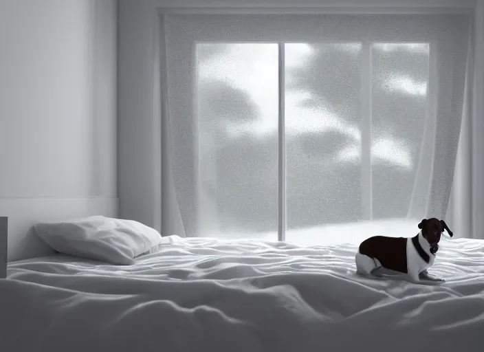 Image similar to photography of a Jack Russel watching outside the window on a bed in a 3d rendered white room, octane render, 3d, foggy, volumetric light, volumetric fog, photorealistic, unreal engine 5, award winning photo, 100mm, sharp, cloth, high res