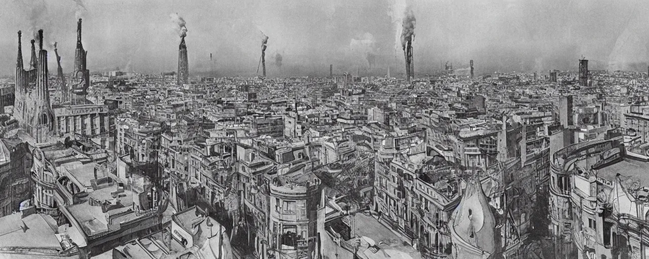 Image similar to barcelona in 1 9 1 8, retrofuturism, steampunk, gothic quarter, modernist buildings, art deco, footbridges between houses, steam pipes, hyper detailed